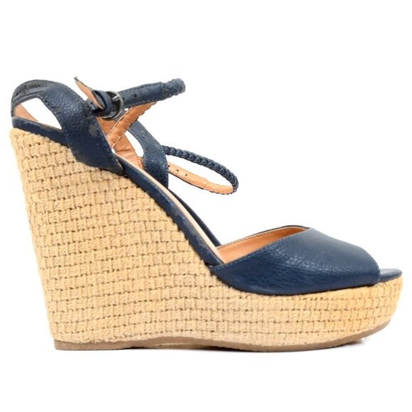 Nine West Womens 7.5 Espadrille High Wedge Heels Open Toe Nautical Vegan Leather - Picture 4 of 7